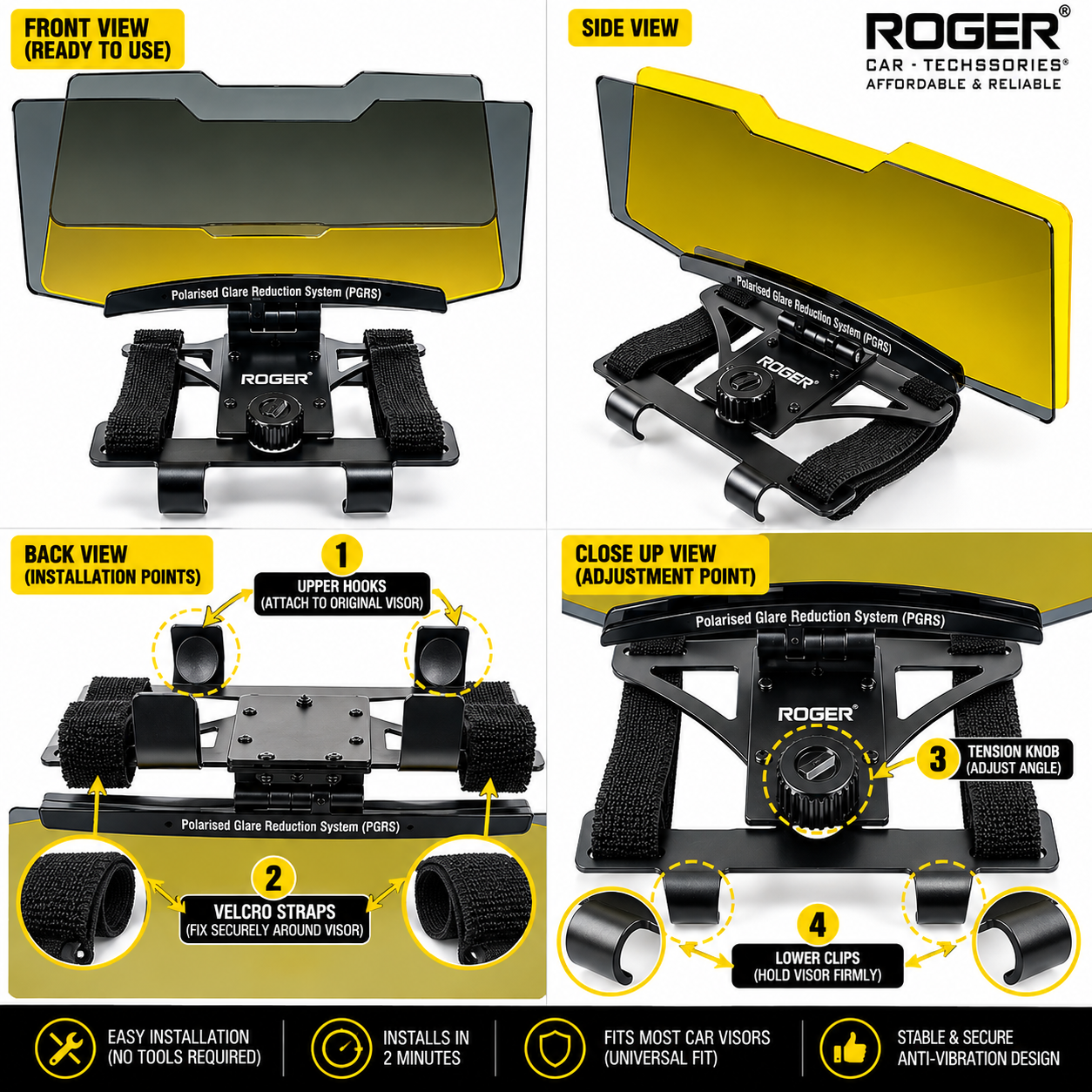 Roger Dual Day/Night Polarised Visor | Optical Grade | Reduces Eye Fatigue | Enjoy Day and Night Driving | UV and Blue Light Protection | Fits All Car Models