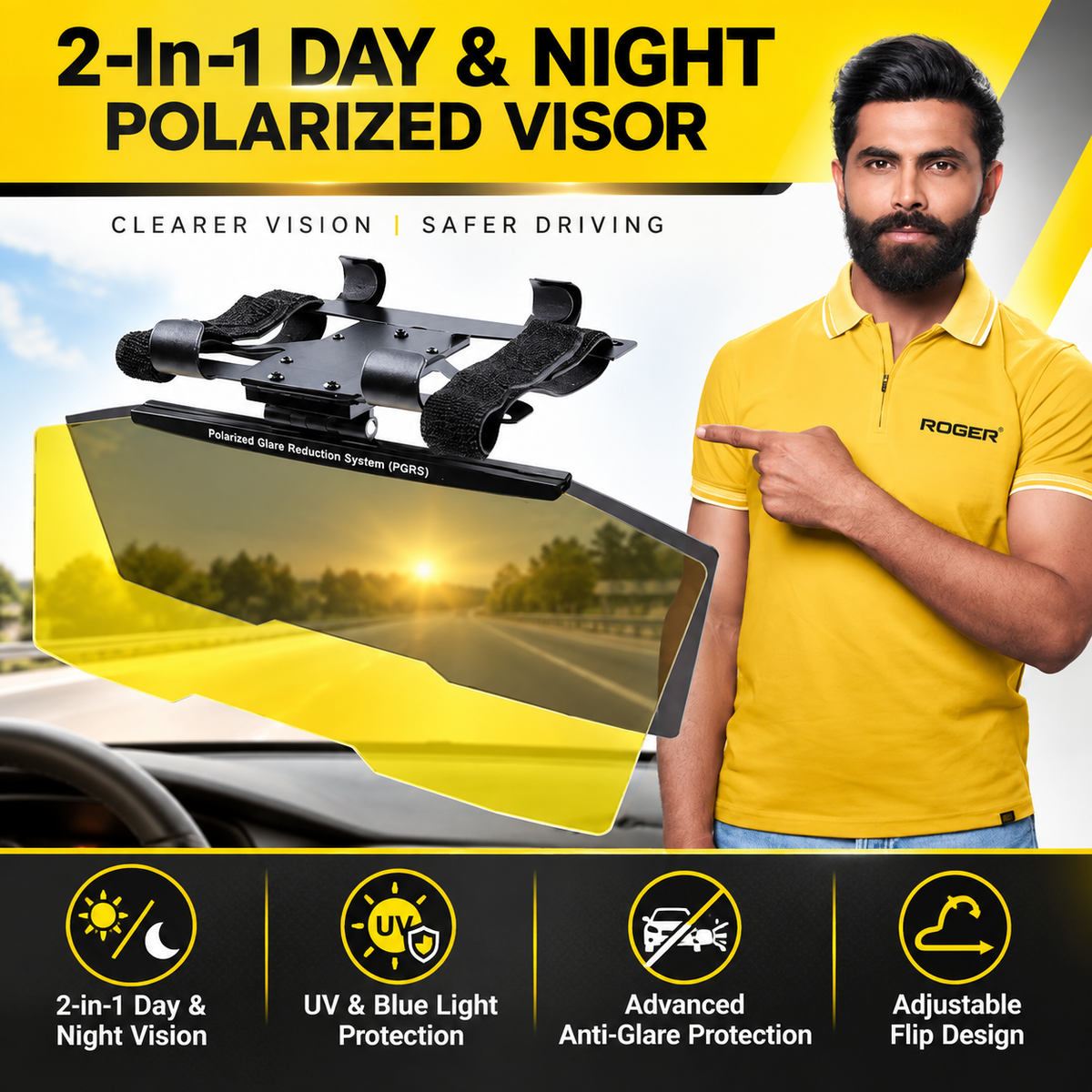 Roger Dual Day/Night Polarised Visor | Optical Grade | Reduces Eye Fatigue | Enjoy Day and Night Driving | UV and Blue Light Protection | Fits All Car Models