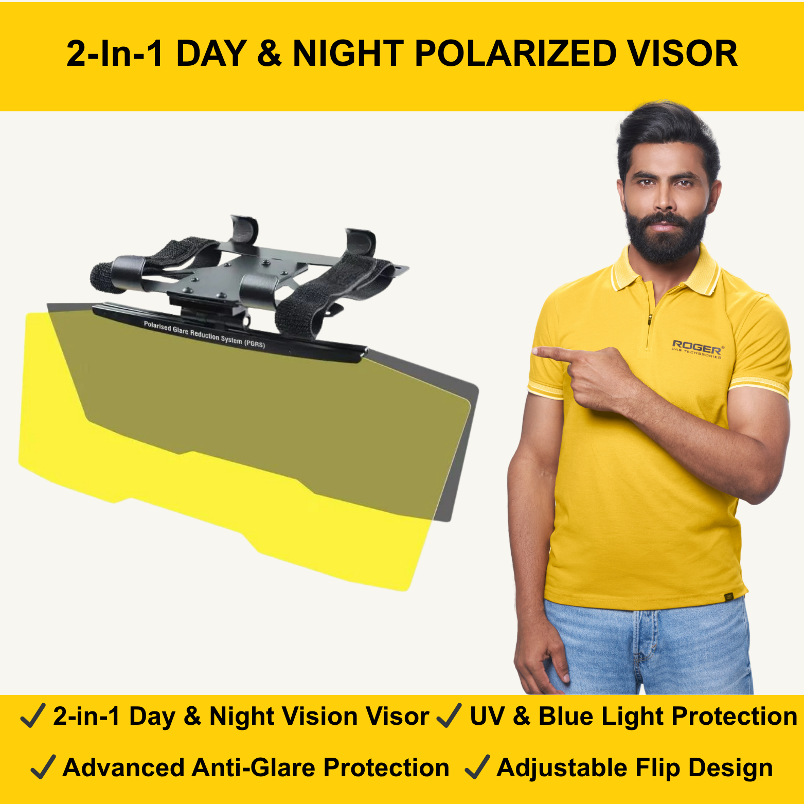 ROGER Dual Anti Glare Polaried Visor For Day & Night Driving with UV & Glare Protection