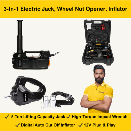 ROGER 5 Ton 3-in-1 Electric Car Jack Kit | 12V Electric Jack + Wheel Nut Opener + Digital Tyre Inflator | 2 Years Warranty