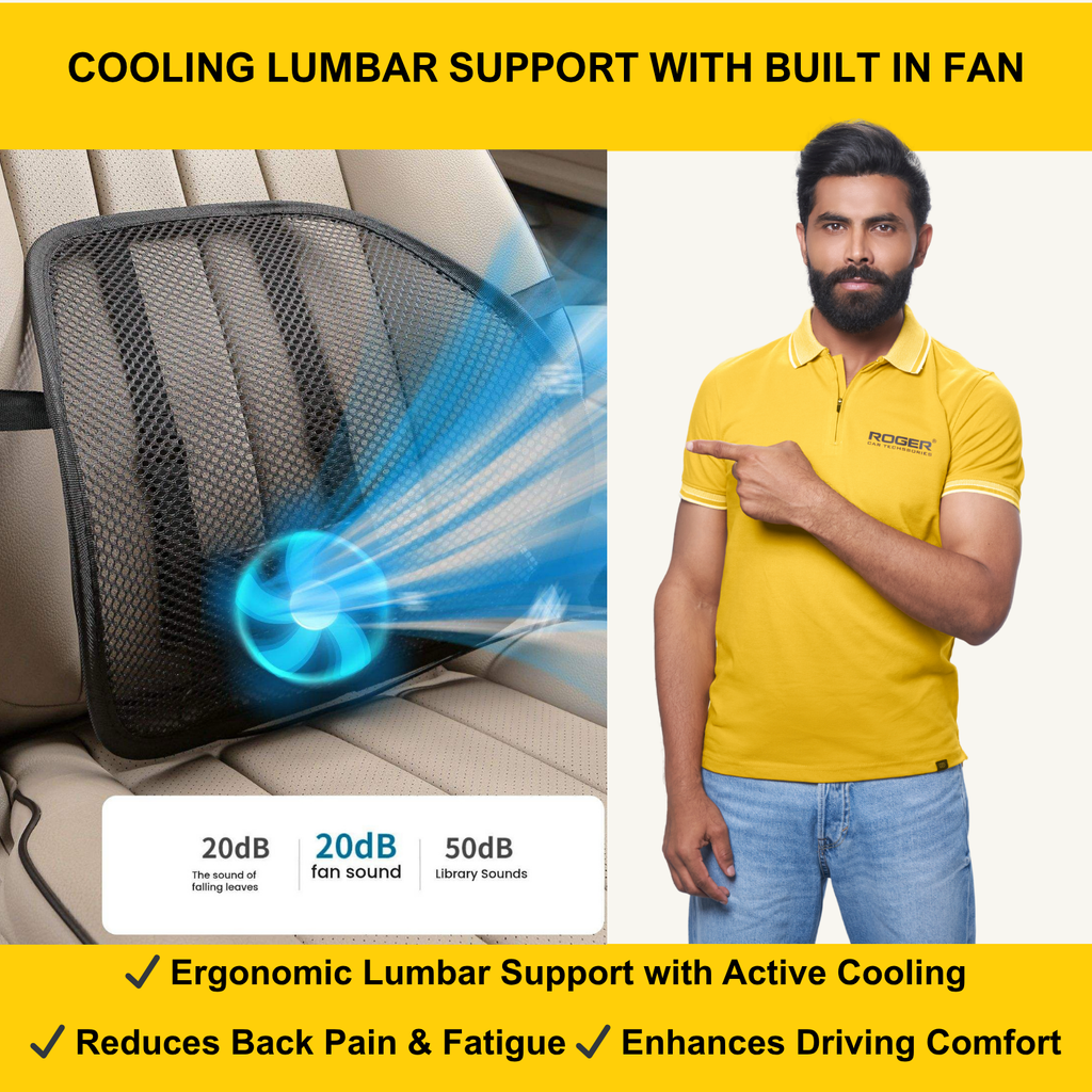 ROGER Car Cooling Lumbar Support Cushion With Built-In Fan & Ergonomic Back Support