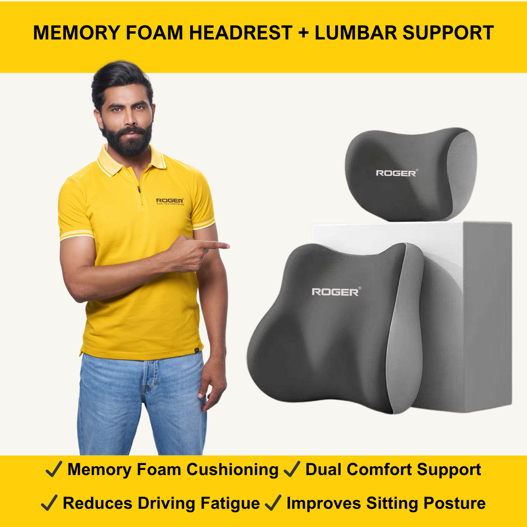 ROGER Ergonomic Car Neck Pillow & Lumbar Support Cushion Set for Driving Comfort & Back Pain Relief