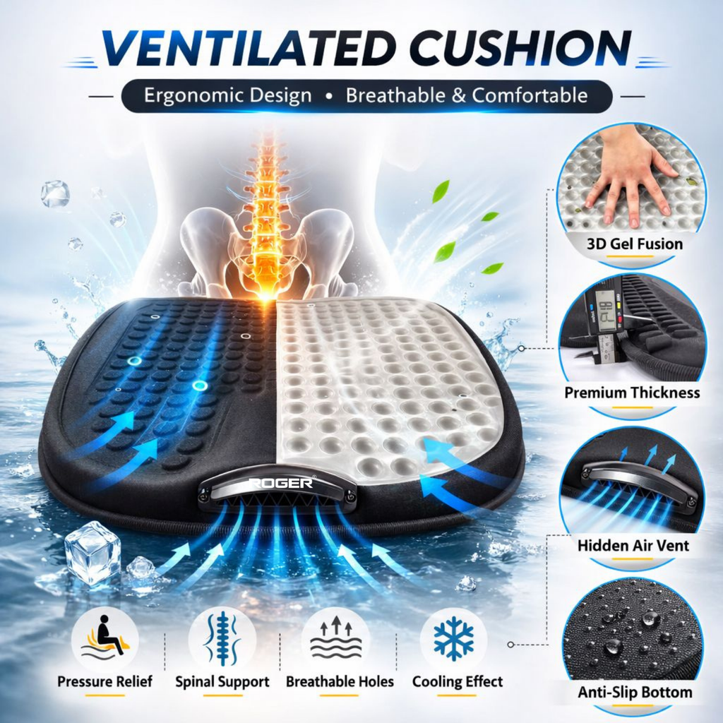 ROGER Universal Car Cooling Seat Cushion with 3-Speed Fan, Remote Control & 12V/USB-C Power