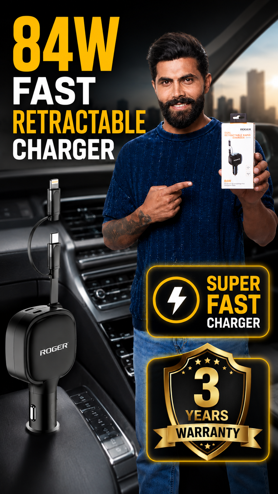 ROGER Highly Durable 3-Year Warranty 84W 3-in-1 Retractable Car Charger – 33W Type-C PD + 18W USB-A Dual Port | 80cm Cable | Fast Charging for Laptop, iPhone & Android – Black