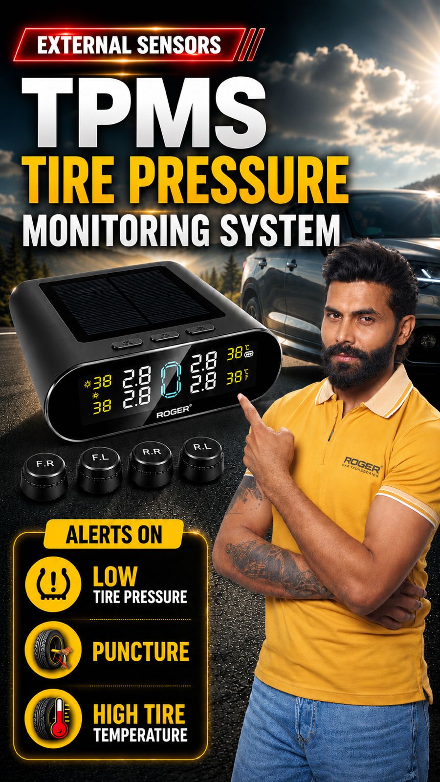 ROGER Solar-Powered Tire Pressure Monitoring System with LCD Display & External Sensors