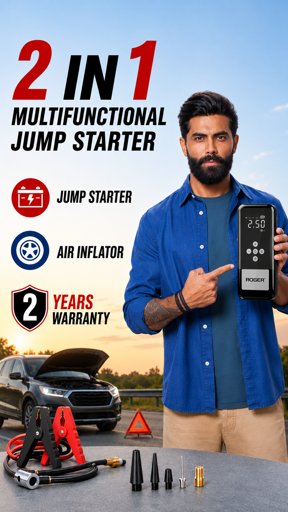 Roger 2-In-1 Multifunctional Jump Starter – Your Ultimate Car Emergency Companion! Jump-Start Your Vehicle, Inflate Tires, Charge Your Gadgets, Or Light Up The Night – All In One Compact Device. 🚗