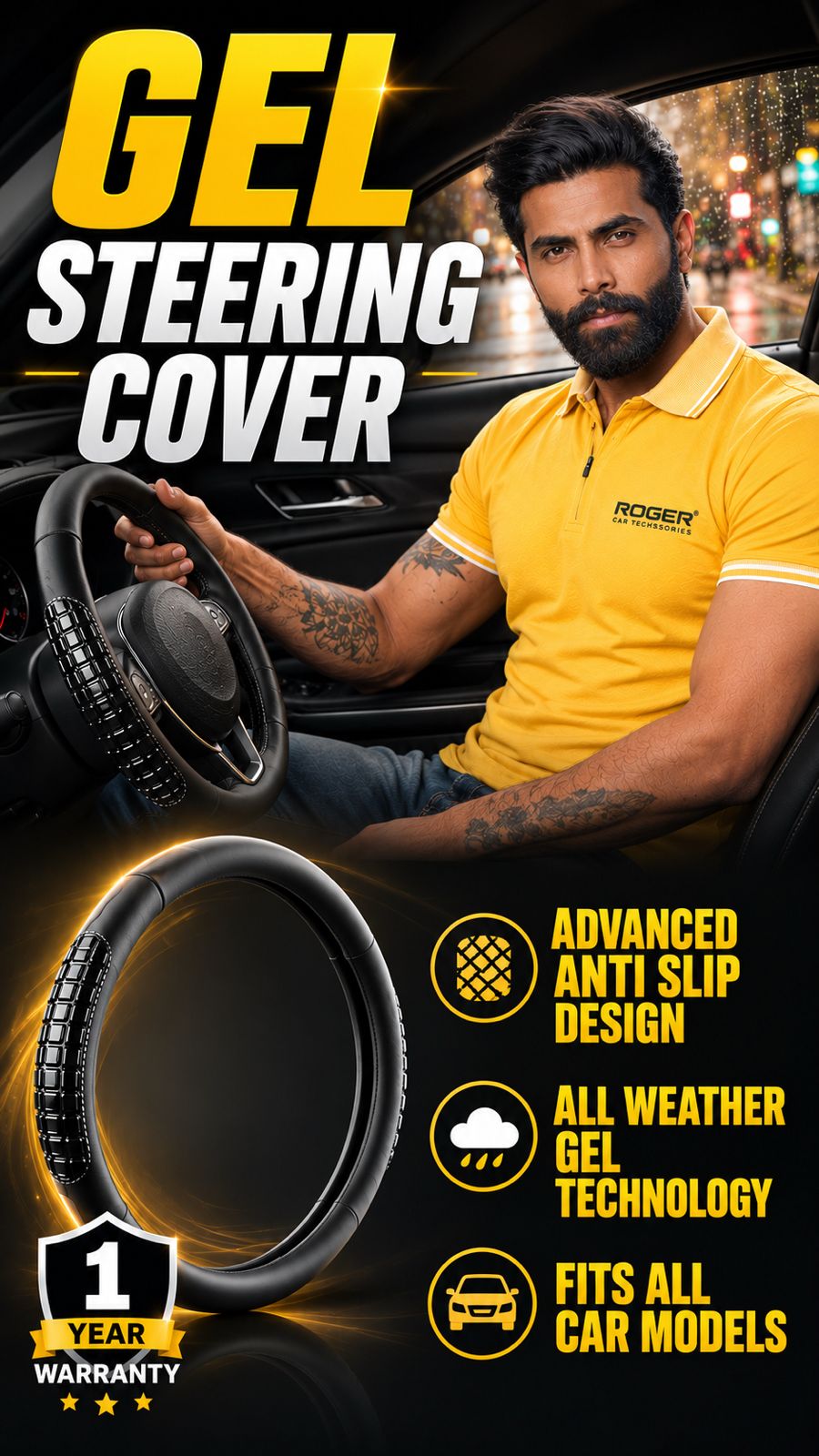 ROGER Gel Car Steering Wheel Cover with Gel Massage