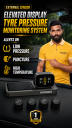 Roger Solar TPMS Tire Pressure Monitoring System for Cars | Real-Time Tire Pressure & Temperature Monitor | 4 External Wireless Sensors | Universal Fit | Unique Solar Display
