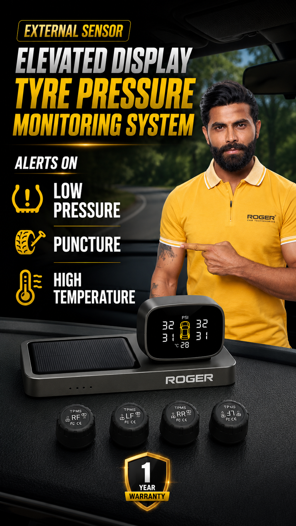 Roger Solar TPMS Tire Pressure Monitoring System for Cars | Real-Time Tire Pressure & Temperature Monitor | 4 External Wireless Sensors | Universal Fit | Unique Solar Display