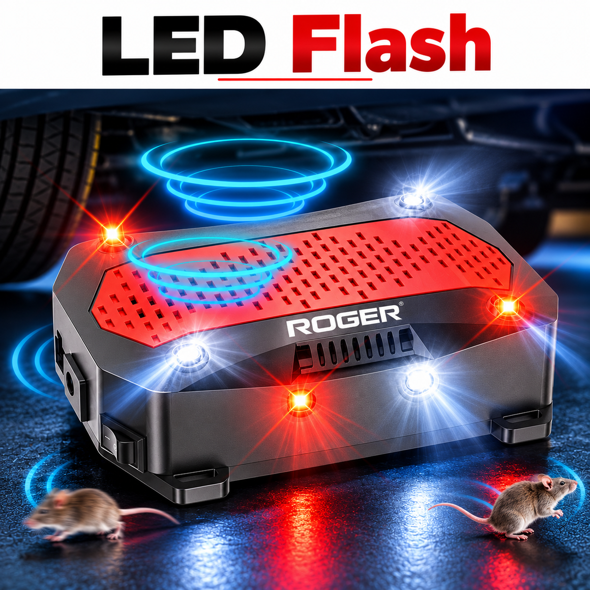 Roger Ultrasonic Rat Repellent | Protects Engine Wiring | DIY Easy Installation | No Wire Cutting Required | 2-Year Warranty | 4 LED Strobe Lights | Waterproof Design |