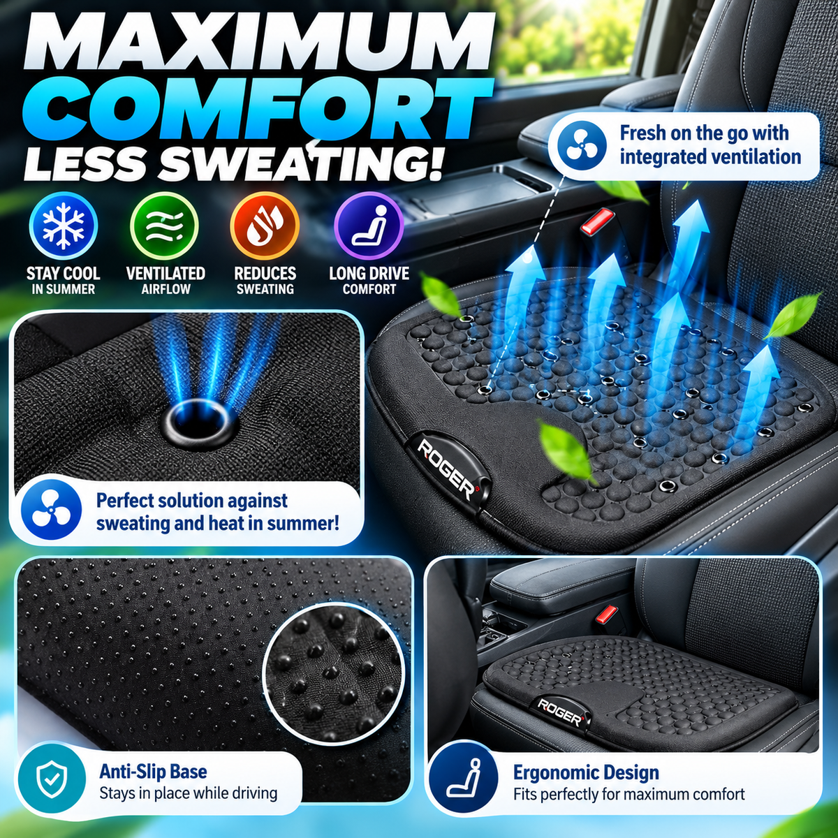 Roger Ventilated Cooling Seating Cushion | 1-Year Warranty | Sweat-Free Driving Comfort | 3-Speed Cooling Fan | Remote Control | USB Powered