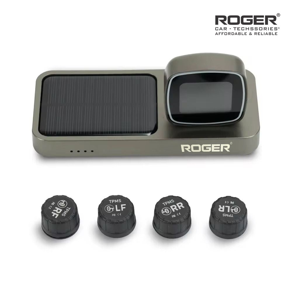 Roger Solar TPMS Tire Pressure Monitoring System for Cars | Real-Time Tire Pressure & Temperature Monitor | 4 External Wireless Sensors | Universal Fit | Unique Solar Display