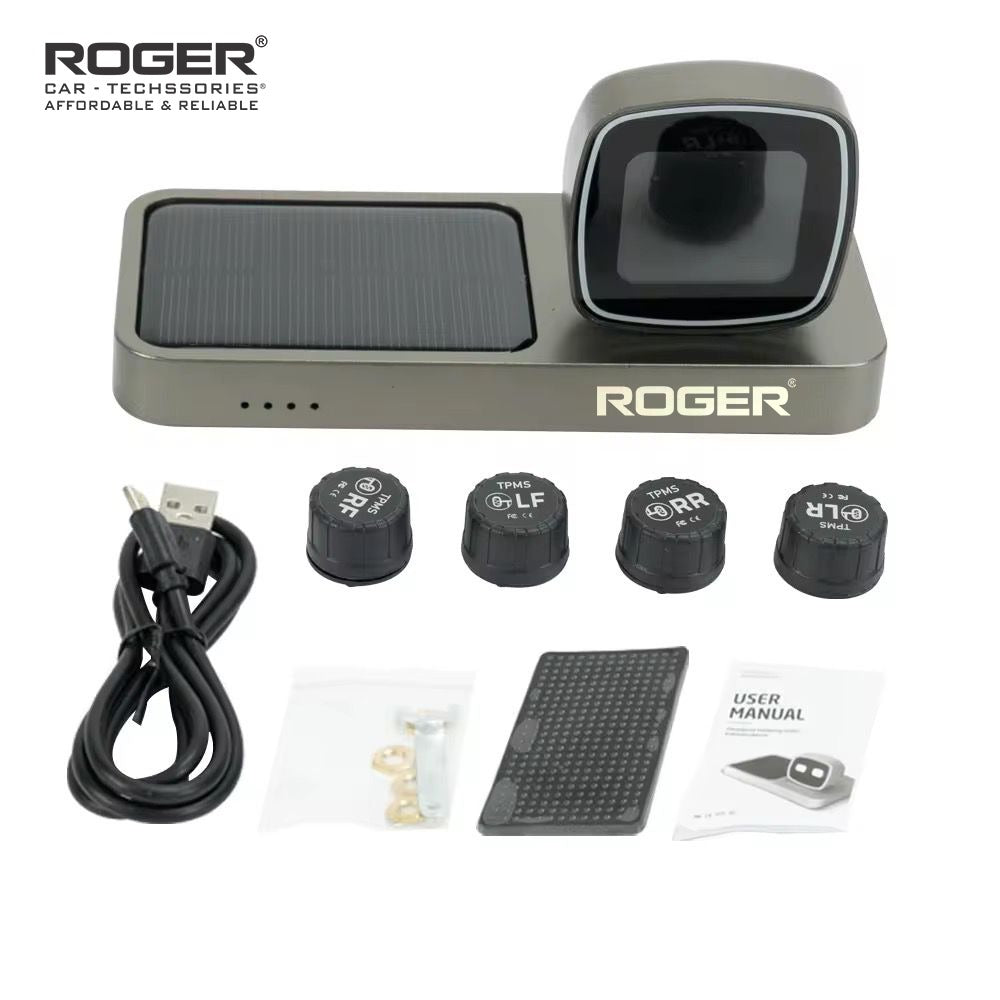 Roger Solar TPMS Tire Pressure Monitoring System for Cars | Real-Time Tire Pressure & Temperature Monitor | 4 External Wireless Sensors | Universal Fit | Unique Solar Display