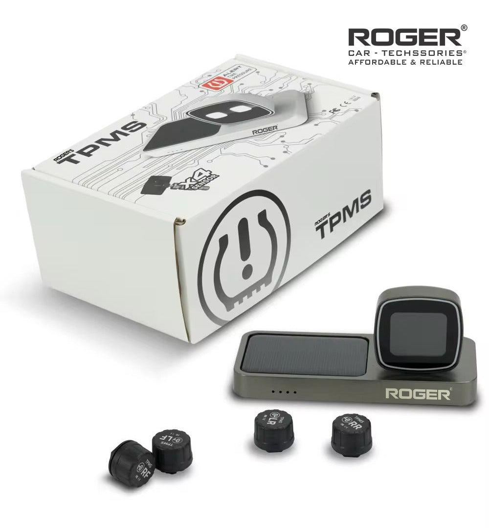 Roger Solar TPMS Tire Pressure Monitoring System for Cars | Real-Time Tire Pressure & Temperature Monitor | 4 External Wireless Sensors | Universal Fit | Unique Solar Display