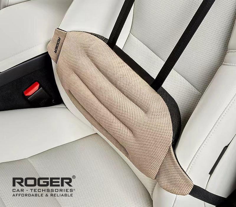 Roger Car Lumbar Support Cushion | Breathable Ergonomic Design | Adjustable Straps | Soft Cotton Comfort | Beige & Black