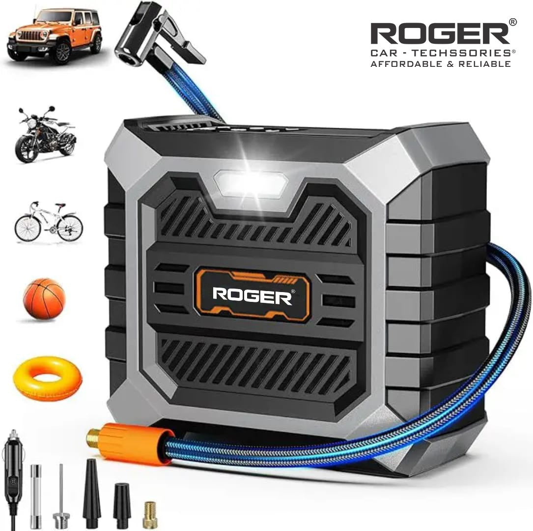 Roger 3 In 1 Multifunctional Jump Starter 800A Jump Starter | Digital Auto Cut-Off Air Inflator Wireless & 12V Operation | 8000 mAh Battery | 1 Year Warranty
