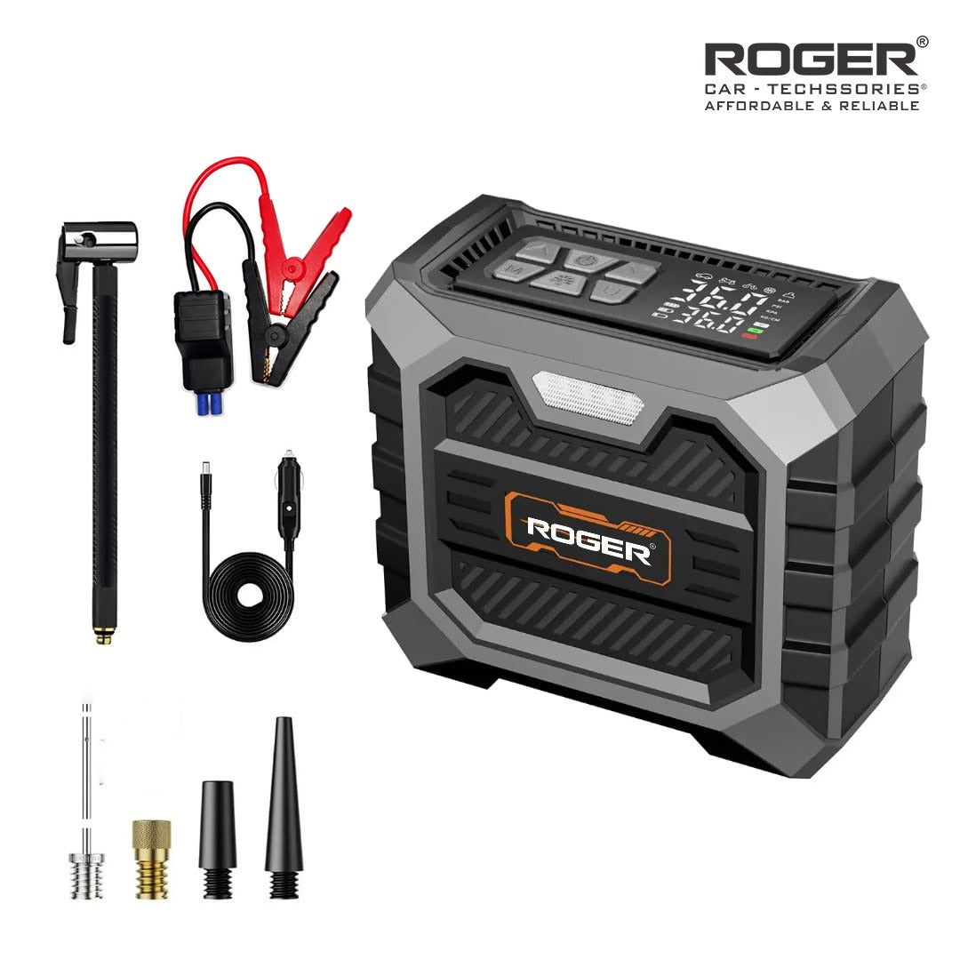 Roger 3 In 1 Multifunctional Jump Starter 800A Jump Starter | Digital Auto Cut-Off Air Inflator Wireless & 12V Operation | 8000 mAh Battery | 1 Year Warranty