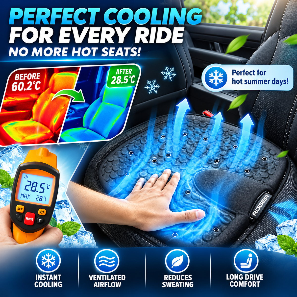 Roger Ventilated Cooling Seating Cushion | 1-Year Warranty | Sweat-Free Driving Comfort | 3-Speed Cooling Fan | Remote Control | USB Powered