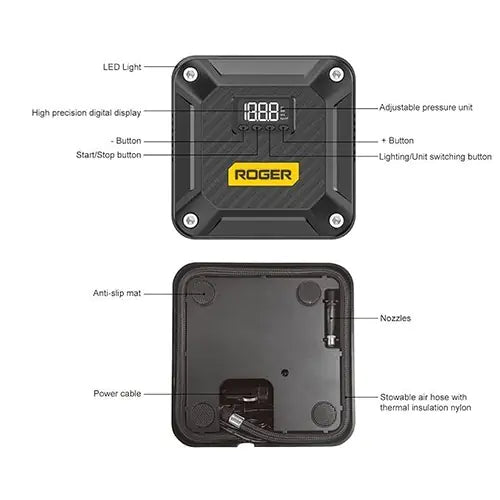 ROGER Air Compressor Pump – Powerful Tire Inflator with Digital Gauge