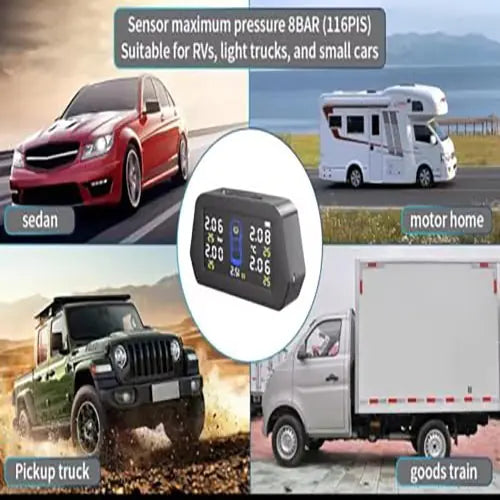 ROGER External TPMS – 5 Tire Sensors for Cars | Wireless Solar & USB Charging | LCD Color Display & 5 Alarm Modes