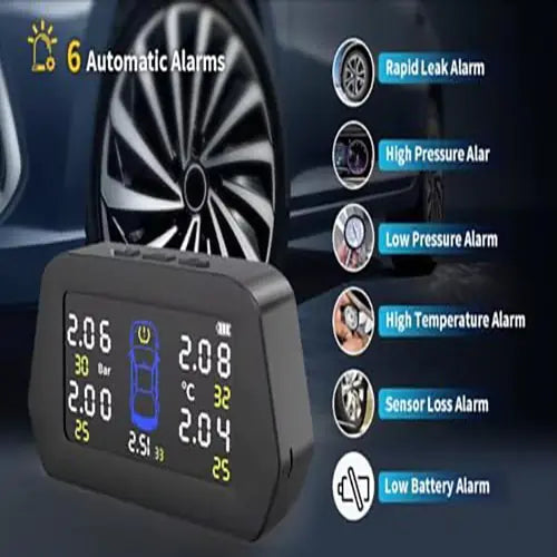 ROGER Internal TPMS – 5 Tire Sensors for Cars | Wireless Solar & USB Charging | LCD Color Display & 5 Alarm Modes