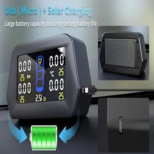 ROGER External TPMS – 5 Tire Sensors for Cars | Wireless Solar & USB Charging | LCD Color Display & 5 Alarm Modes