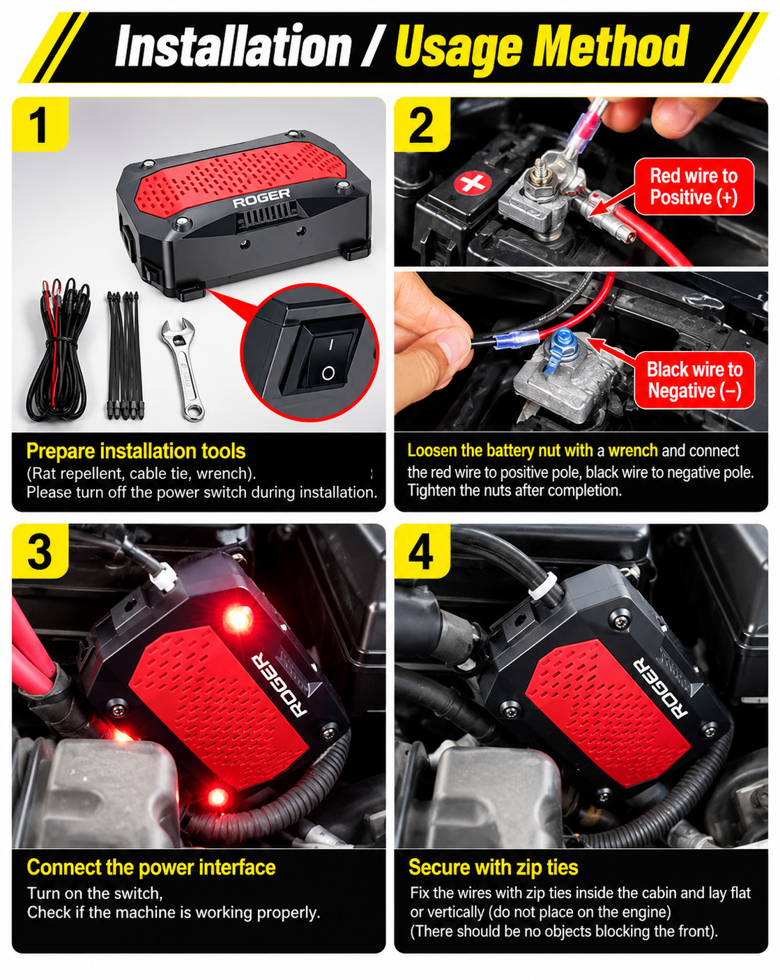 Roger Ultrasonic Rat Repellent | Protects Engine Wiring | DIY Easy Installation | No Wire Cutting Required | 2-Year Warranty | 4 LED Strobe Lights | Waterproof Design |