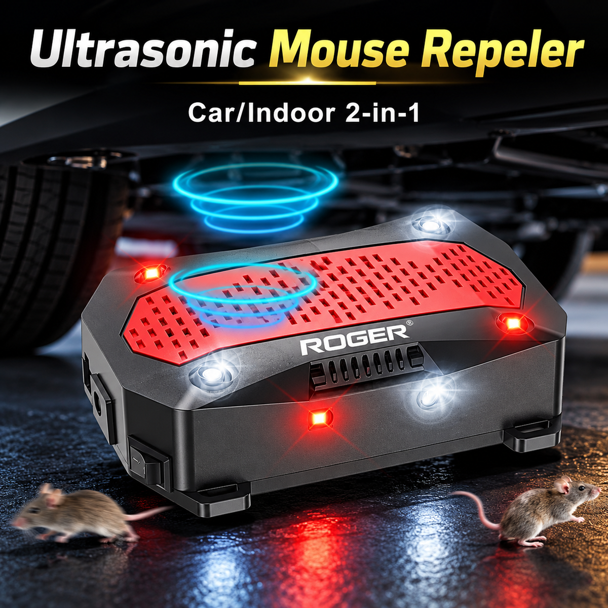 Roger Ultrasonic Rat Repellent | Protects Engine Wiring | DIY Easy Installation | No Wire Cutting Required | 2-Year Warranty | 4 LED Strobe Lights | Waterproof Design |