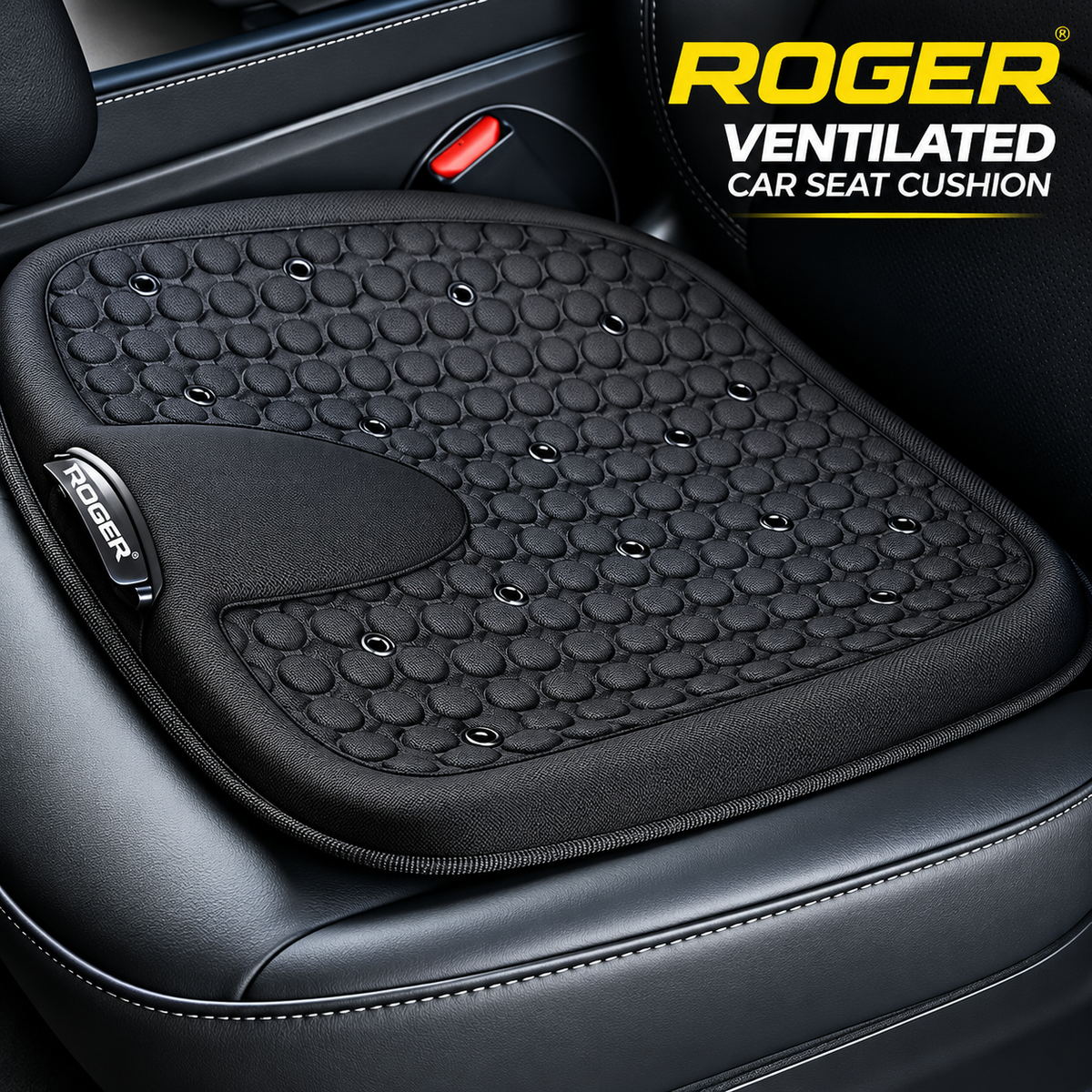 Roger Ventilated Cooling Seating Cushion | 1-Year Warranty | Sweat-Free Driving Comfort | 3-Speed Cooling Fan | Remote Control | USB Powered