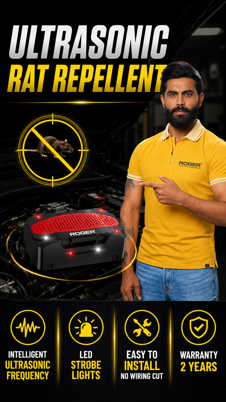 Roger's Ultrasound Rat Repellent for Automobiles - Waterproof Car Engine Wire Protection Device with 4 Strobe Lights | Rat, Mouse & Squirrel Control