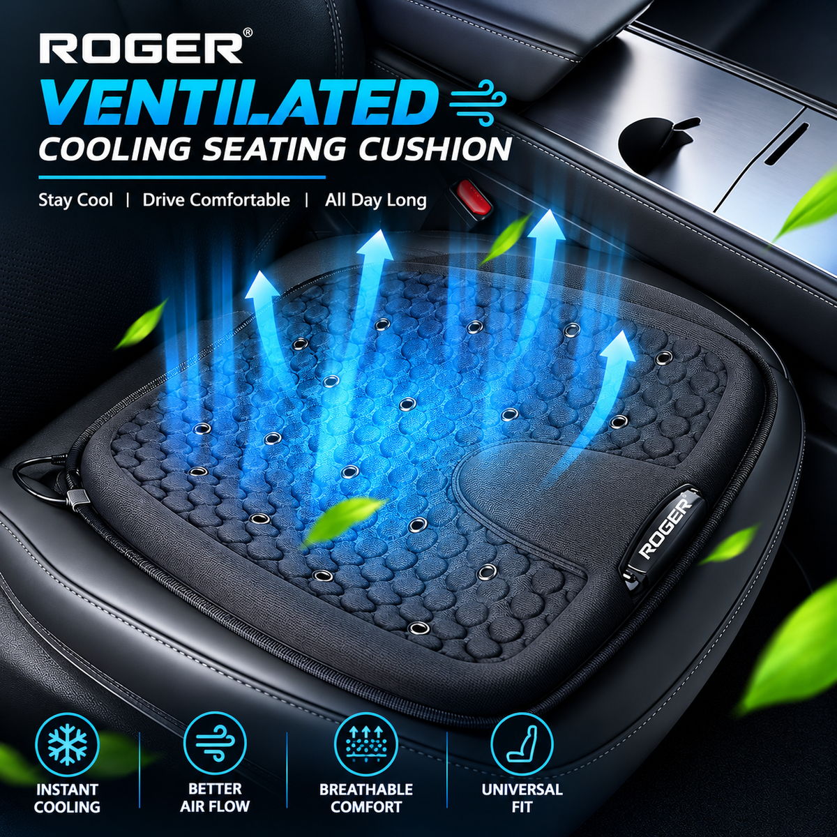 Roger Ventilated Cooling Seating Cushion | 1-Year Warranty | Sweat-Free Driving Comfort | 3-Speed Cooling Fan | Remote Control | USB Powered
