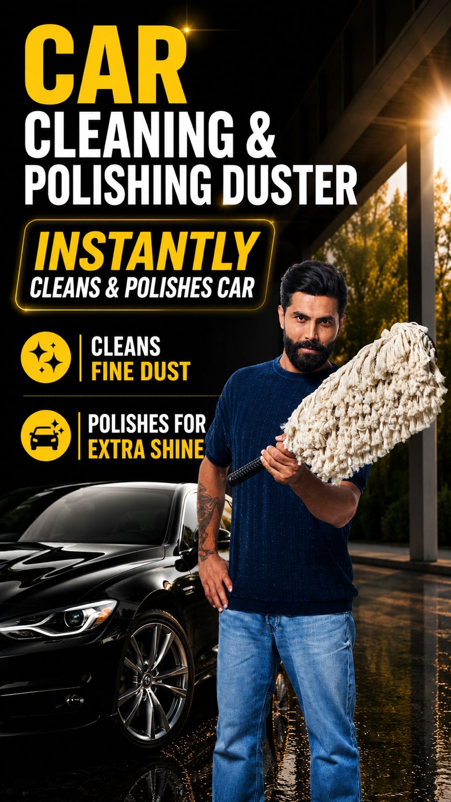 ROGER Carster Car Cleaning & Polishing Duster | Cleans & Polishes Instantly | No Water Required | Long Handle for Windshield & Rooftop Cleaning |