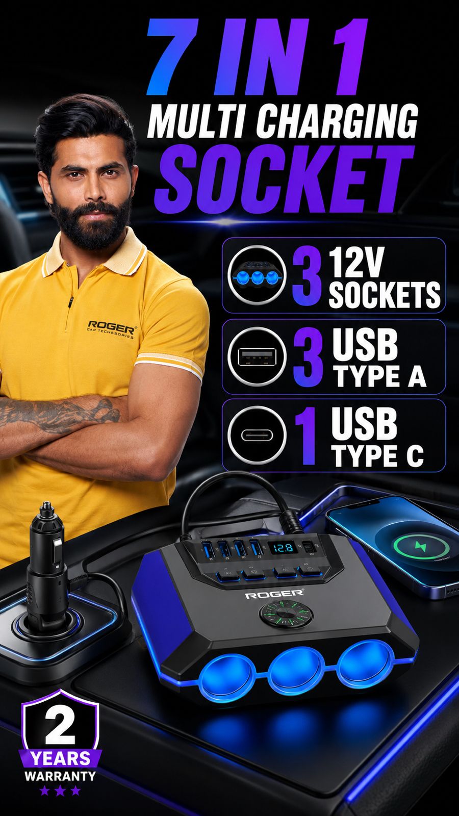 ROGER 7-in-1 Car Charger & Cigarette Lighter Splitter | 3 Power Sockets + 4 USB Ports (USB-A & USB-C) | 2 Years Warranty | LED Voltage Display