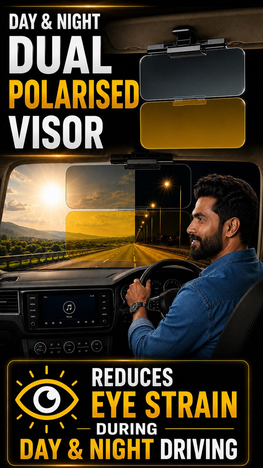 ROGER Dual Anti Glare Genuine Polaried Visor For Day & Night Driving with UV & Glare Protection