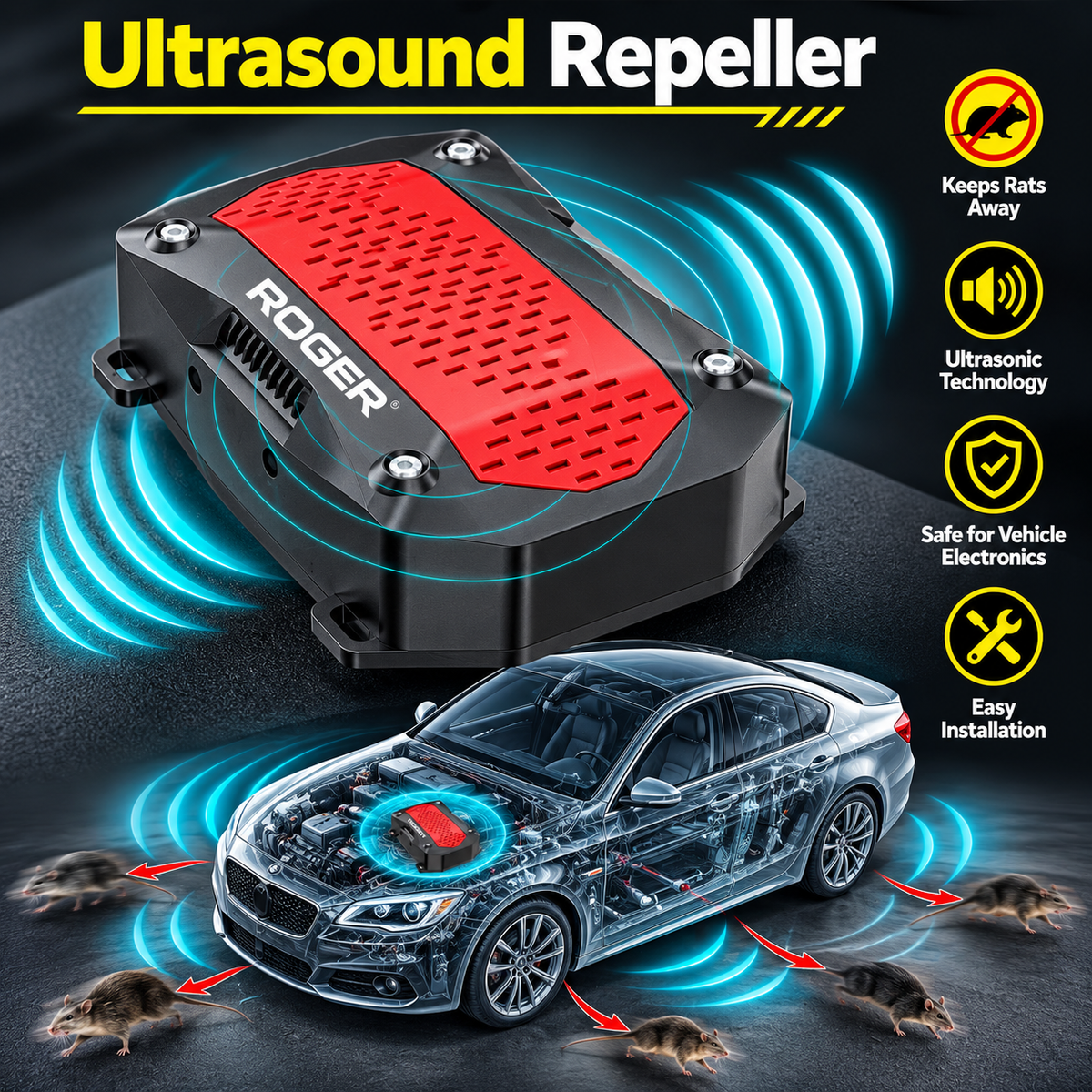 Roger Ultrasonic Rat Repellent | Protects Engine Wiring | DIY Easy Installation | No Wire Cutting Required | 2-Year Warranty | 4 LED Strobe Lights | Waterproof Design |