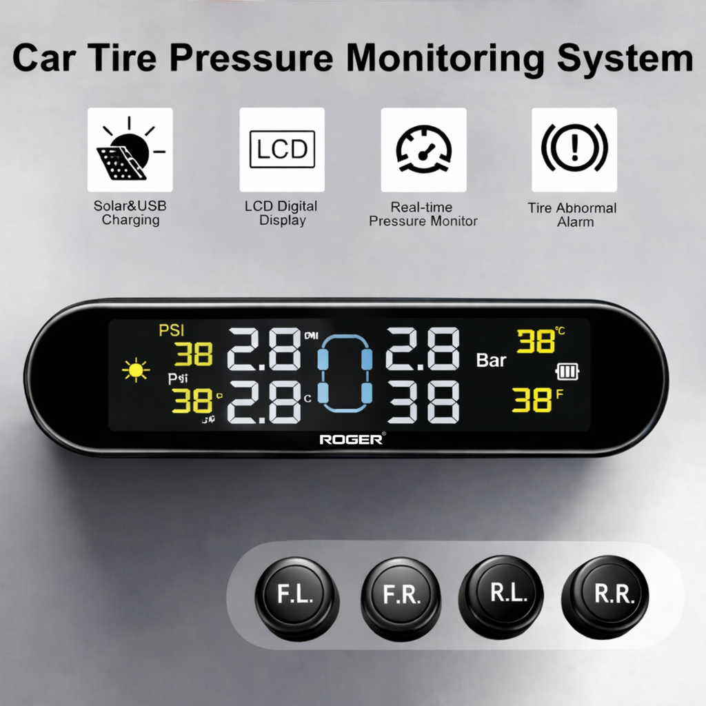 LCD Wireless Solar TPMS – Car Tire Pressure Monitor With 4 External Sensors, USB + Solar