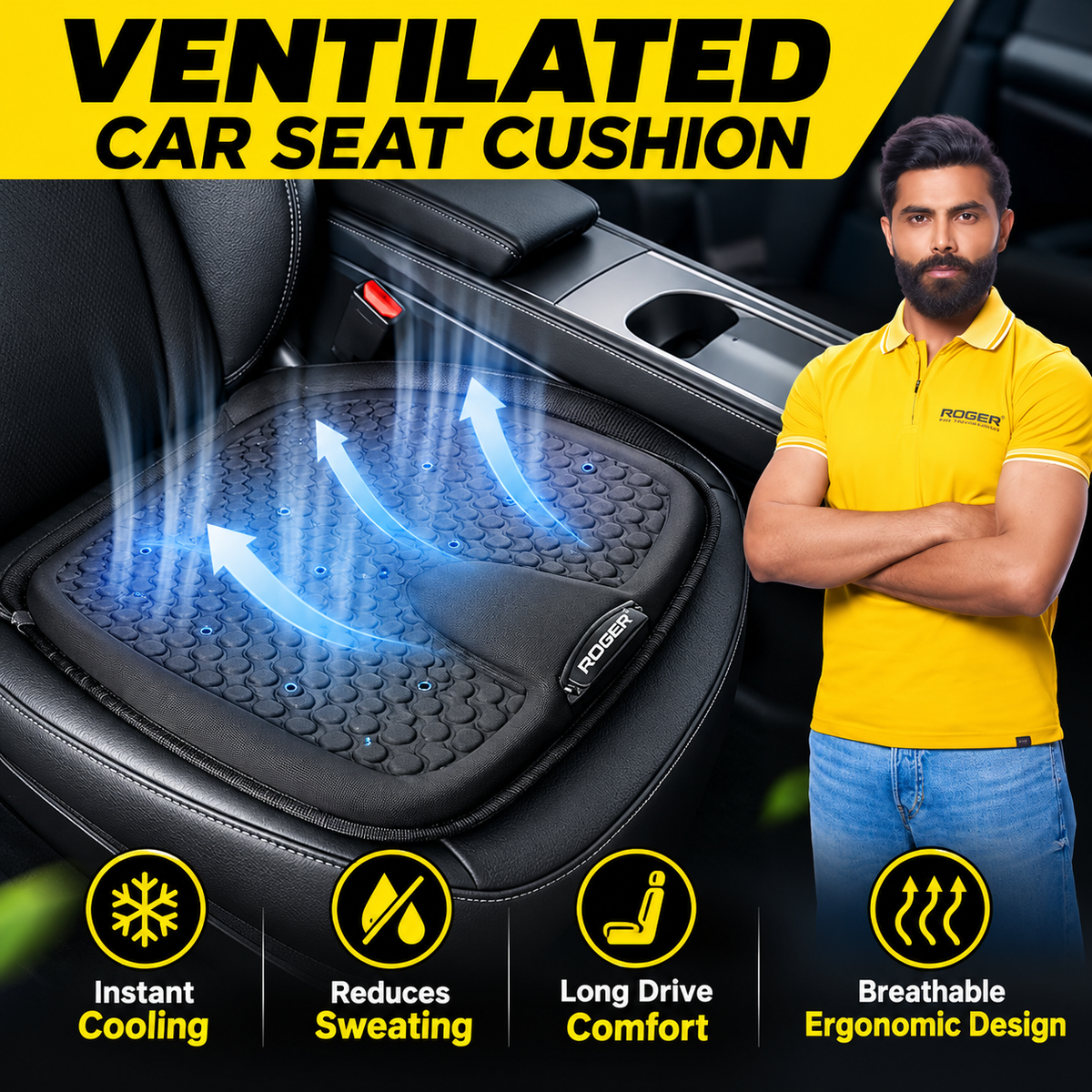 Roger Ventilated Cooling Seating Cushion | 1-Year Warranty | Sweat-Free Driving Comfort | 3-Speed Cooling Fan | Remote Control | USB Powered