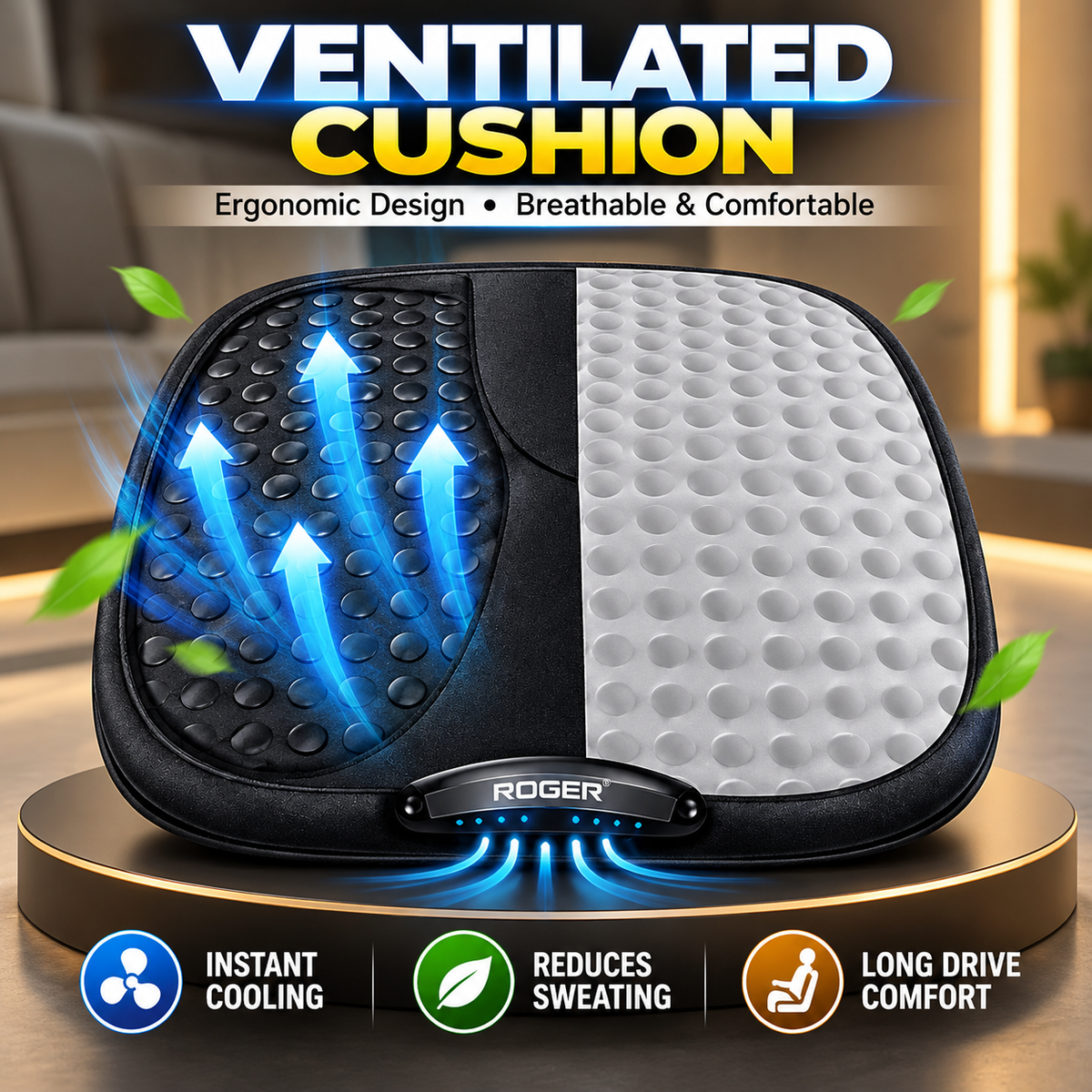 Roger Ventilated Cooling Seating Cushion | 1-Year Warranty | Sweat-Free Driving Comfort | 3-Speed Cooling Fan | Remote Control | USB Powered