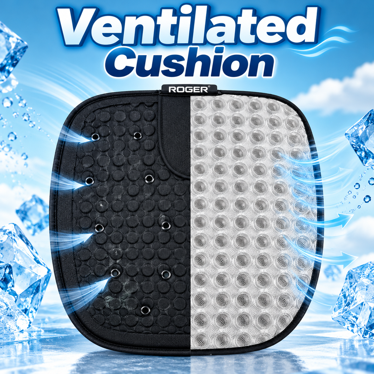 Roger Ventilated Cooling Seating Cushion | 1-Year Warranty | Sweat-Free Driving Comfort | 3-Speed Cooling Fan | Remote Control | USB Powered