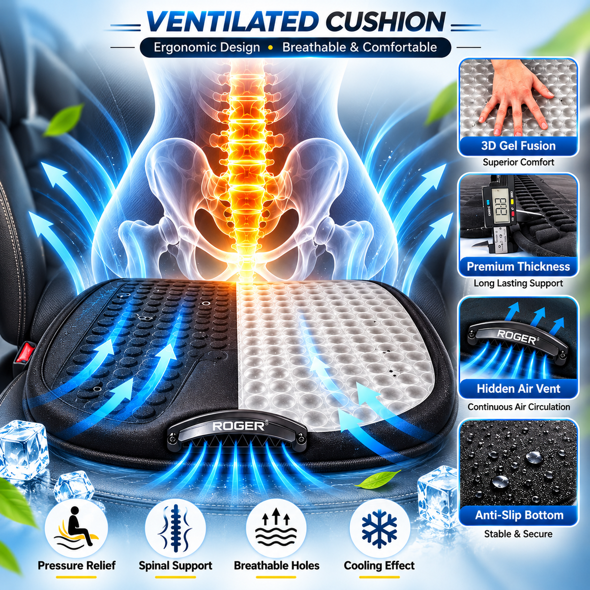 Roger Ventilated Cooling Seating Cushion | 1-Year Warranty | Sweat-Free Driving Comfort | 3-Speed Cooling Fan | Remote Control | USB Powered