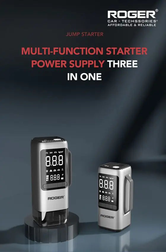 ROGER 6-in-1 Car Jump Starter with Digital Tyre Inflator (150 PSI), Vacuum Cleaner, 8000mAh Power Bank & LED Light | For 6.0L Petrol & 3.0L Diesel Cars