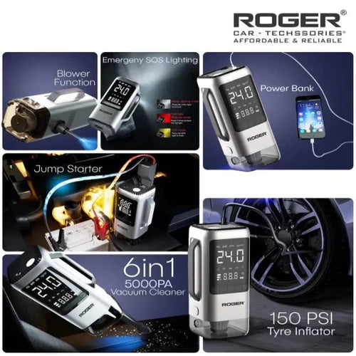 ROGER 6-in-1 Car Jump Starter with Digital Tyre Inflator (150 PSI), Vacuum Cleaner, 8000mAh Power Bank & LED Light | For 6.0L Petrol & 3.0L Diesel Cars