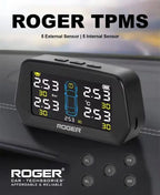 ROGER External TPMS – 5 Tire Sensors for Cars | Wireless Solar & USB Charging | LCD Color Display & 5 Alarm Modes