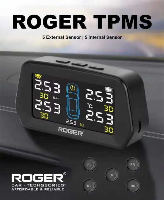 ROGER External TPMS – 5 Tire Sensors for Cars | Wireless Solar & USB Charging | LCD Color Display & 5 Alarm Modes
