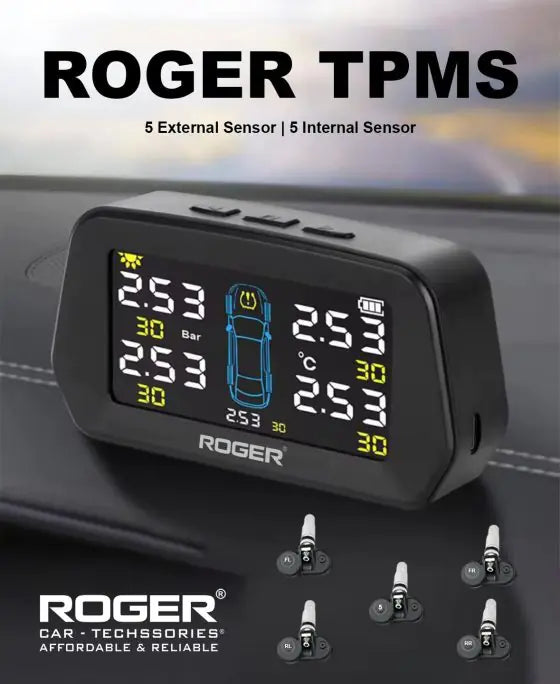 ROGER Internal TPMS – 5 Tire Sensors for Cars | Wireless Solar & USB Charging | LCD Color Display & 5 Alarm Modes