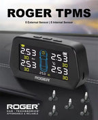 ROGER Internal TPMS – 5 Tire Sensors for Cars | Wireless Solar & USB Charging | LCD Color Display & 5 Alarm Modes
