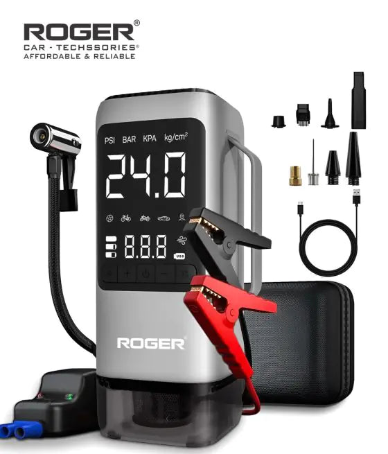 ROGER 6-in-1 Car Jump Starter with Digital Tyre Inflator (150 PSI), Vacuum Cleaner, 8000mAh Power Bank & LED Light | For 6.0L Petrol & 3.0L Diesel Cars