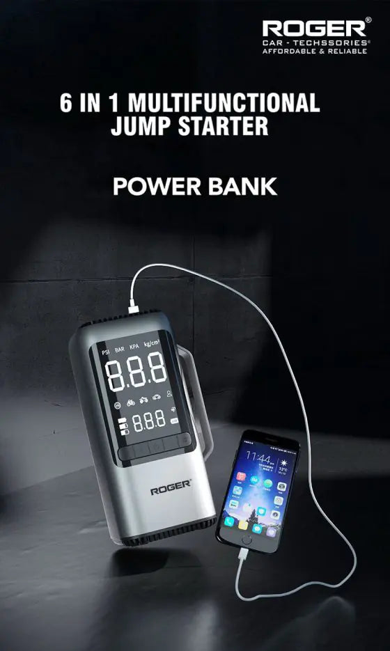 ROGER 6-in-1 Car Jump Starter with Digital Tyre Inflator (150 PSI), Vacuum Cleaner, 8000mAh Power Bank & LED Light | For 6.0L Petrol & 3.0L Diesel Cars