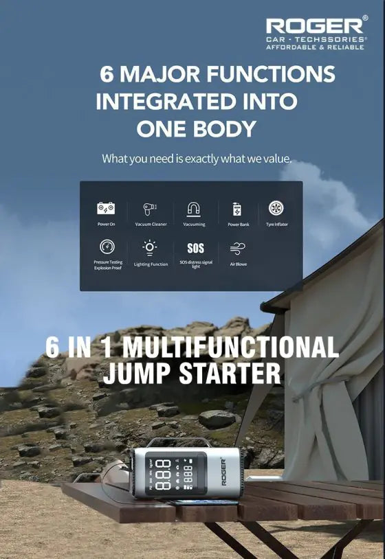 ROGER 6-in-1 Car Jump Starter with Digital Tyre Inflator (150 PSI), Vacuum Cleaner, 8000mAh Power Bank & LED Light | For 6.0L Petrol & 3.0L Diesel Cars