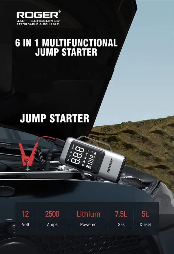 ROGER 6-in-1 Car Jump Starter with Digital Tyre Inflator (150 PSI), Vacuum Cleaner, 8000mAh Power Bank & LED Light | For 6.0L Petrol & 3.0L Diesel Cars